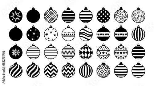 Collection of festive black and white Christmas ornament vector icons, featuring various decorative patterns for holiday designs, winter celebrations, and seasonal greetings
