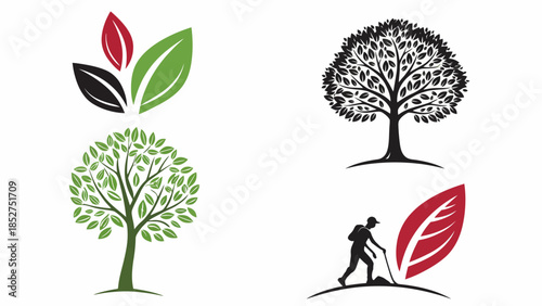 Diverse collection of nature-inspired vector illustrations featuring trees, leaves, and outdoor activity symbols, ideal for eco-friendly design projects