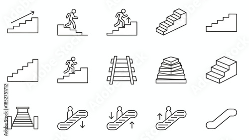 Dynamic Elevation A Comprehensive Collection of Linear Vector Icons for Stairs, Escalators, and Human Movement on Steps - Modern Outline Pictograms for Ascent, Descent, and Progress Concepts