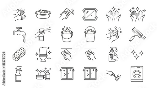 Comprehensive collection of line art icons depicting various cleaning activities, household chores, and hygiene practices for modern sanitation needs