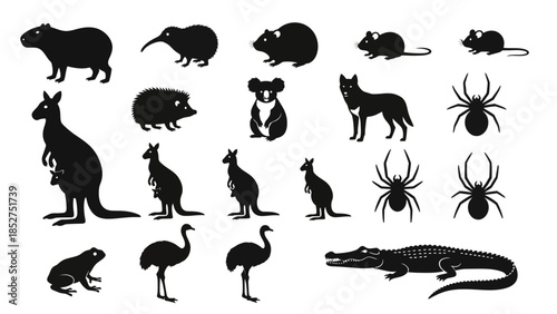 Comprehensive Collection of Diverse Wild Animal Silhouettes A Detailed Set of Mammals, Reptiles, Birds, and Arachnids for Graphic Design Projects