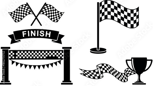 Dynamic collection of victory racing symbols featuring checkered flags, a finish line arch, and a champion's trophy for fast-paced competition