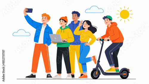 Group of friends with gadgets and scooter