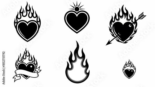 Dynamic and passionate collection of flaming heart illustrations, capturing intense emotion and burning love, ideal for bold graphic designs and expressive projects