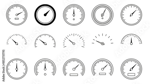 Collection of various speedometers and gauges, indicating different levels and measures for diverse applications