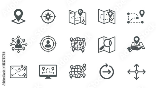 Collection of Navigation and Location Icons for Maps and Travel Planning