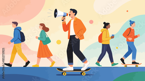 People walking with one on skateboard