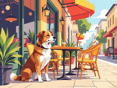 Dog waiting at café terrace on sunny day, vibrant street scene, cozy atmosphere