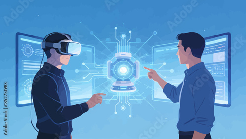 Two men interacting with virtual reality technology