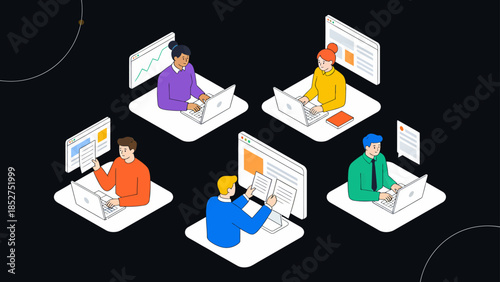 Five people working on laptops