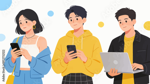 Three people using devices