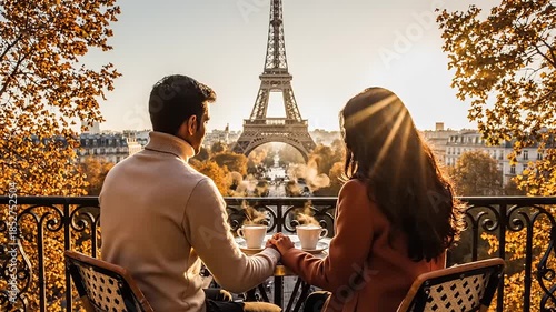 Romantic Couple Enjoying Coffee with Eiffel Tower View in Autumn Paris.