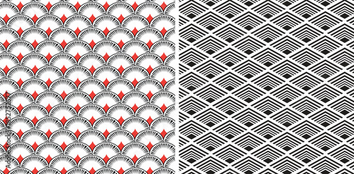 Elegant Art Deco Seamless Pattern Set - Ornate Fan Shell Motifs and Geometric Chevron Diamond Lattice Vector Backgrounds