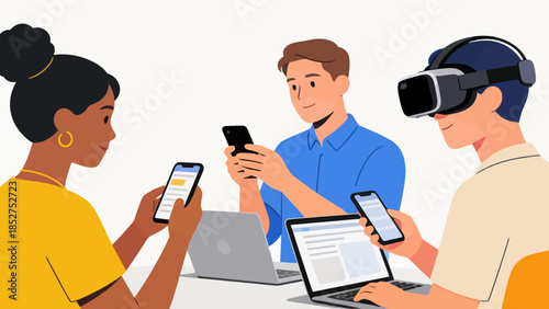 Three people using devices