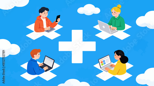 People working on devices in clouds