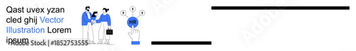 Recruitment, team building, human resources, employee management, digital tools, workplace communication. Professionals interacting, hand pointing to HR icon. Recruitment and team building concept
