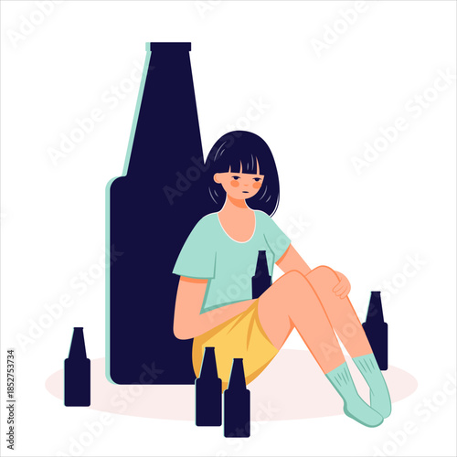 Alcohol abuse addiction concept hand drawn drunk woman illustration