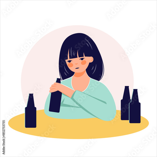 Alcohol abuse addiction concept hand drawn drunk woman illustration