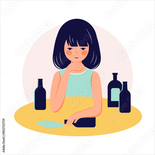Alcohol abuse addiction concept hand drawn drunk woman illustration