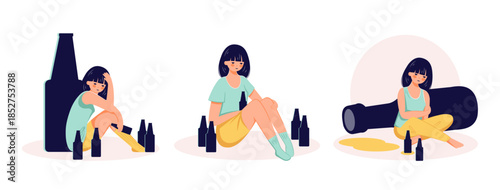 Alcohol abuse addiction concept hand drawn drunk woman illustration