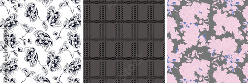 Hand Drawn Floral and Geometric Seamless Pattern Collection - Elegant Botanical Sketch and Abstract Textured Vector Backgrounds