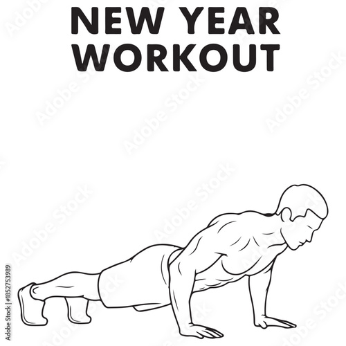 Man doing a push-up as part of a New Year workout line art illustration for fitness and health