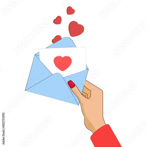 Happy Valentine’s Day Card – Woman Hand Holding Open Envelope with Red Heart