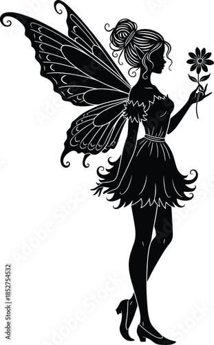 Black fairy silhouette vector illustration with butterfly wings holding a flower, mythical woodland sprite standing isolated on white background for magical fantasy design