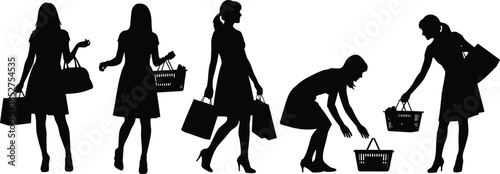 Black silhouettes of fashion women shopping with bags and baskets, group of female shoppers standing and bending, isolated vector illustration on white background.