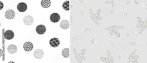 Minimalist Scandinavian Pattern Set - Abstract Geometric Hand Drawn Circles and Delicate Wildflower Botanical Seamless Vector Backgrounds