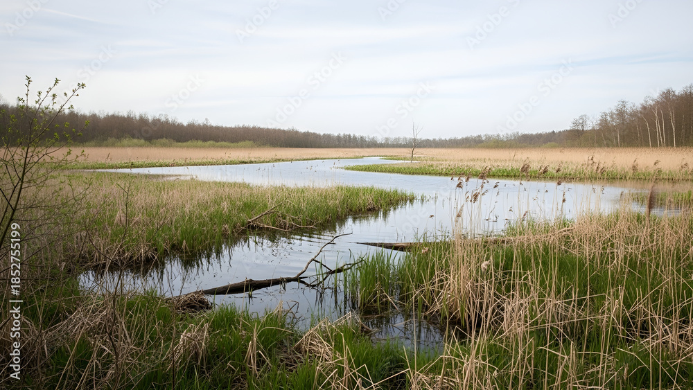 Fototapeta premium Serene wetland landscape with water, reeds, and trees