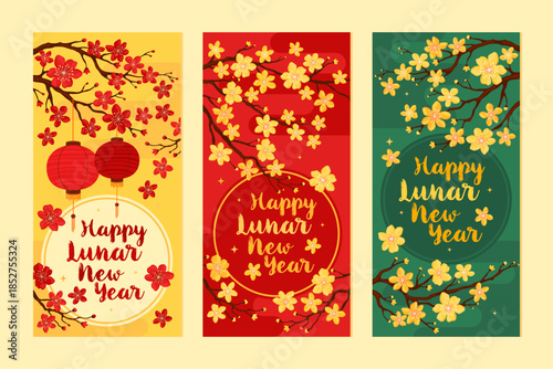 Design of festive money envelopes for Lunar New Year. Asian lanterns, spring branches with apricot or cherry flowers. Red, green and yellow envelopes.