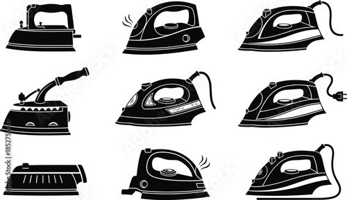 Collection of clothes iron vector icons, set of vintage charcoal and modern electric steam iron silhouettes for laundry, domestic chores, and ironing service.