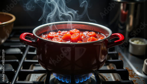 Cooking tomatoes in a red pot on the stove with steam rising  