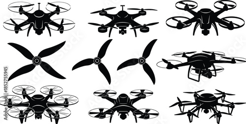 Drone silhouette vector set, unmanned aerial vehicle icons with hexacopter, quadcopter, propellers, and remote control aircraft equipment for photography, delivery, and technology design.