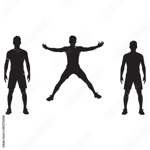 Three black vector silhouettes of male athletes in various poses ideal for sports fitness