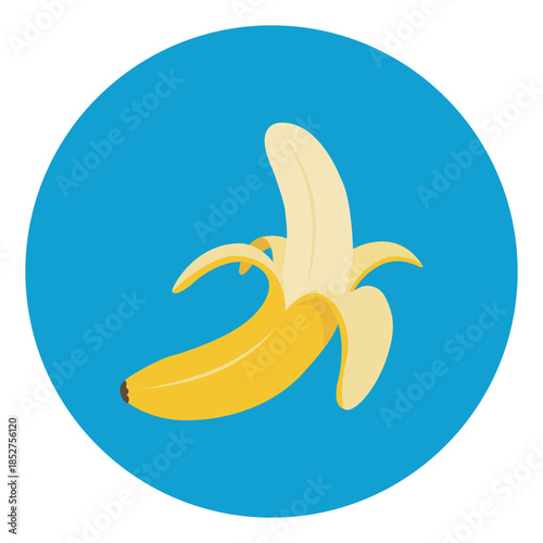 Vibrant peeled yellow banana icon on a blue circle Healthy tropical fruit sweet nutritious food illustration simple flat