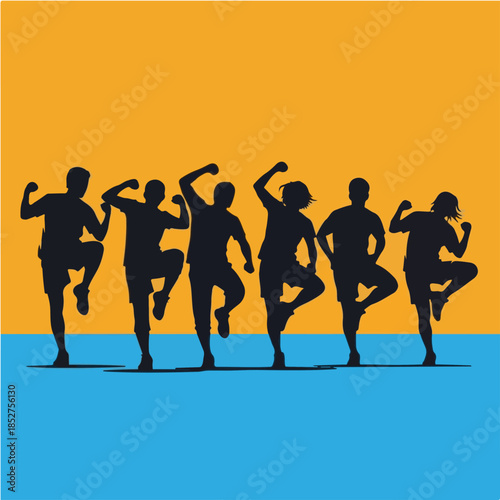 Energetic silhouettes of people dancing or exercising flat vector illustration for fitness