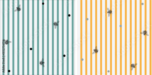 Whimsical Bumble Bee and Striped Seamless Pattern Set - Modern Hand Drawn Honey Bee Illustrations with Polka Dots for Nursery and Kids Vector Backgrounds