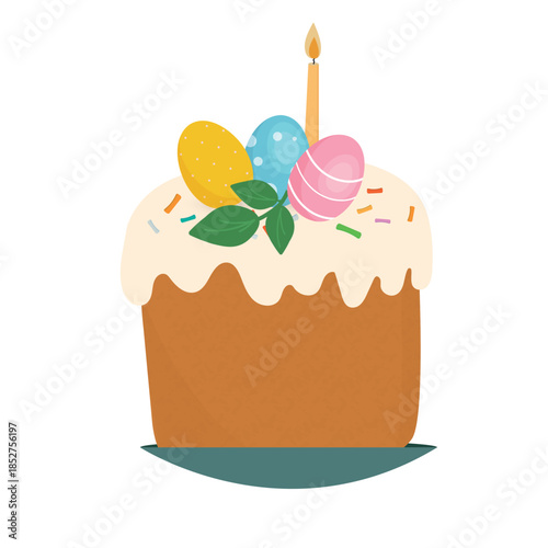 Traditional Easter Cake with Candle and Painted Eggs Flat Holiday Illustration.