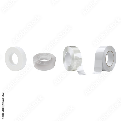 close-up photograph of four transparent adhesive tape rolls, some unrolled, essential for office, school, and packaging tasks, isolated on white.