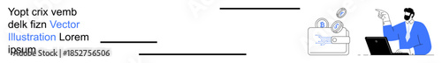 Financial transactions, remote work, digital identity, online payments, fintech, and e-commerce. Person using a laptop, pointing to digital wallet with coins. Financial transactions and online