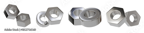 3d render of shiny metallic hexagonal nuts in various orientations, isolated on a transparent background, representing engineering hardware.