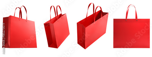 photograph of four vibrant red paper shopping bags in various orientations, isolated on a plain transparent background, representing retail commerce.