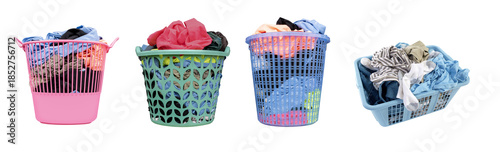 фотографія photograph of four different colorful plastic laundry baskets, each overflowing with various dirty clothes, illustrating household chores