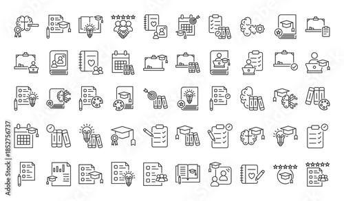 Icon pack assessment creative outline vector style for education exam test review learning evaluation study schedule reflection notes checklist certification performance rating design goals knowledge 