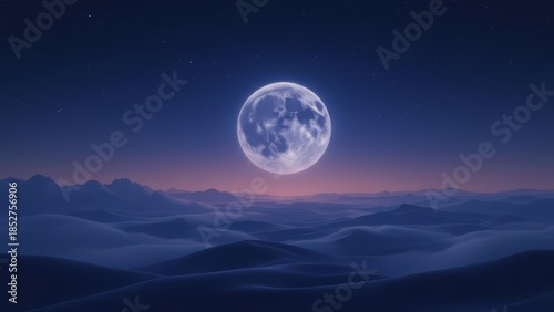 A large full moon illuminates a serene, rolling blue landscape at twilight with a subtle horizon glow.