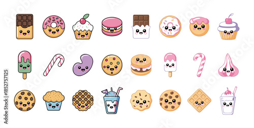 Cute cartoon dessert and snack set. Adorable chocolate donut cupcake macaron popsicle candy cookie waffle