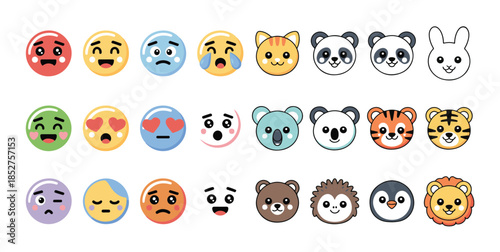 Emoji faces happy sad winking in love shocked animals panda rabbit tiger lion