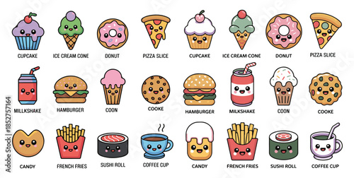 Food icons cupcake ice cream cone donut pizza slice milkshake hamburger sushi